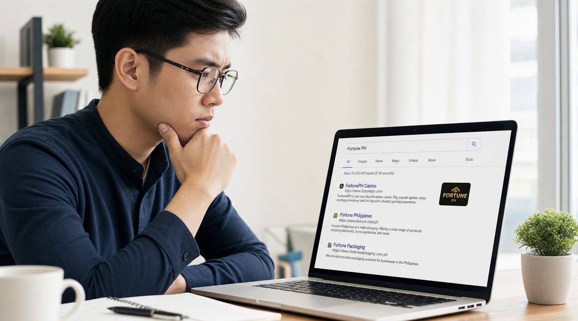 A focused man wearing glasses looks at a laptop screen displaying Google search results for Fortune PH.