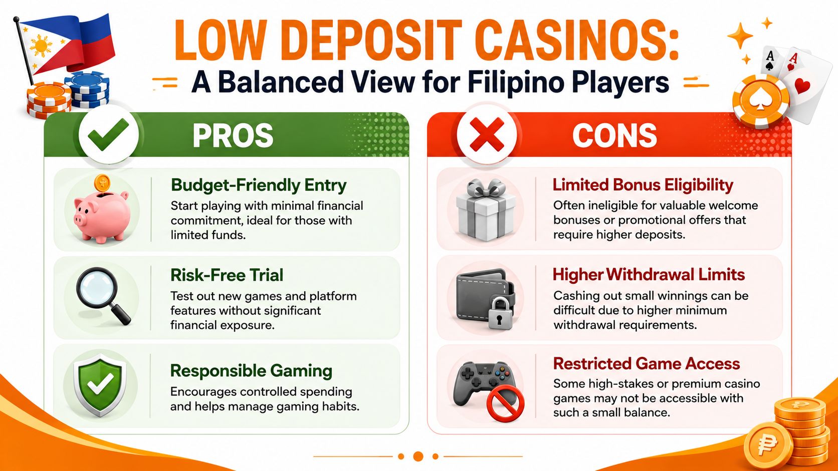 An infographic showing the pros and cons of low deposit casinos for players in the Philippines.