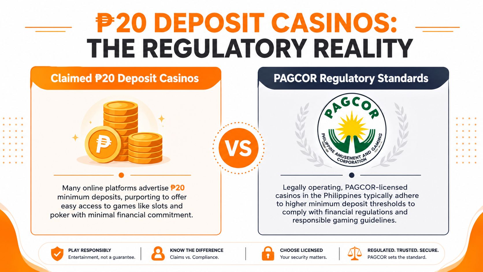 A comparison graphic between low P20 deposit casino claims and official PAGCOR regulatory standards in the Philippines.