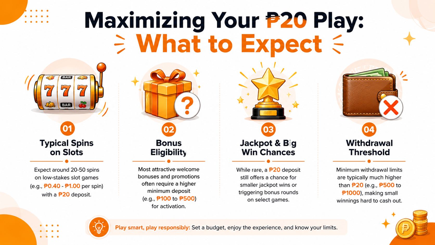An infographic titled Maximizing Your 20 Peso Play explaining expectations for slot machine deposits in the Philippines.