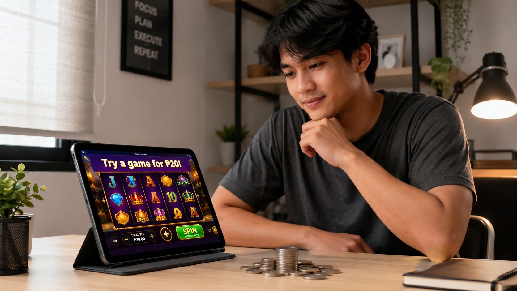 A man sits at a desk with a tablet showing a slot game while stacking coins.