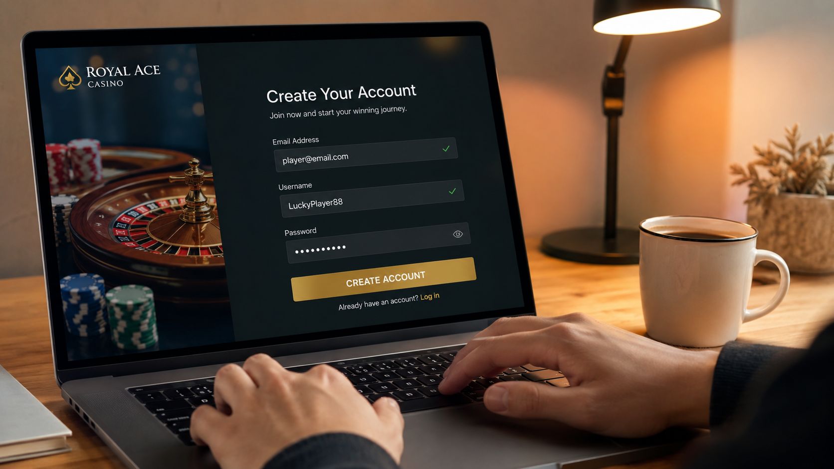A person using a laptop to register a new account on the Royal Ace Casino website.