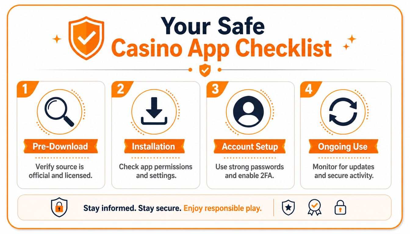 An infographic titled Your Safe Casino App Checklist detailing four essential steps for secure mobile gambling usage.