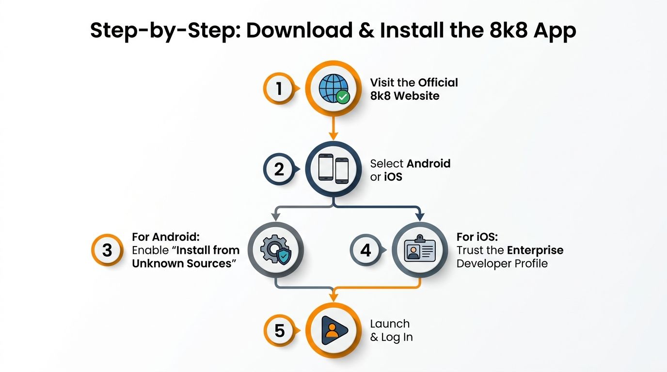 A step-by-step infographic showing how to download and install the 8k8 mobile app on Android or iOS.