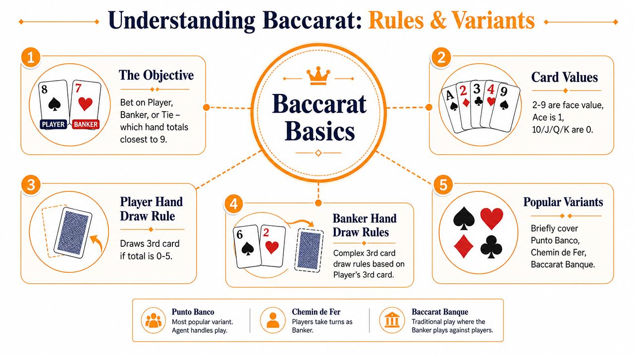 An infographic titled Understanding Baccarat explaining the game rules, objective, card values, and popular variants.