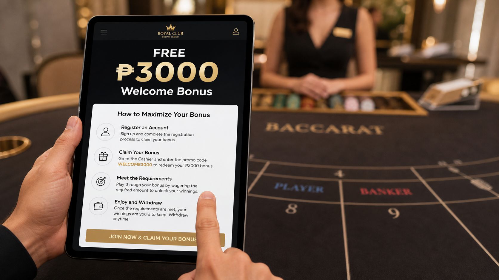 A person holding a tablet displaying a Royal Club online casino welcome bonus offer at a baccarat table.
