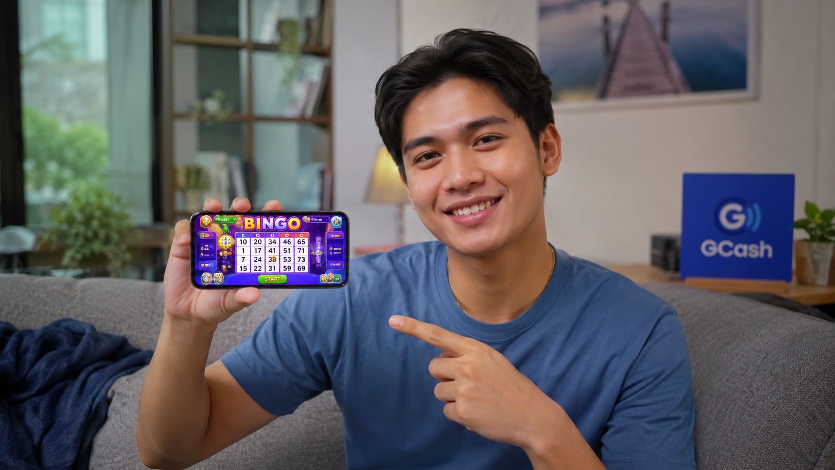 A smiling young man in a blue t-shirt holding a smartphone displaying a bingo game.