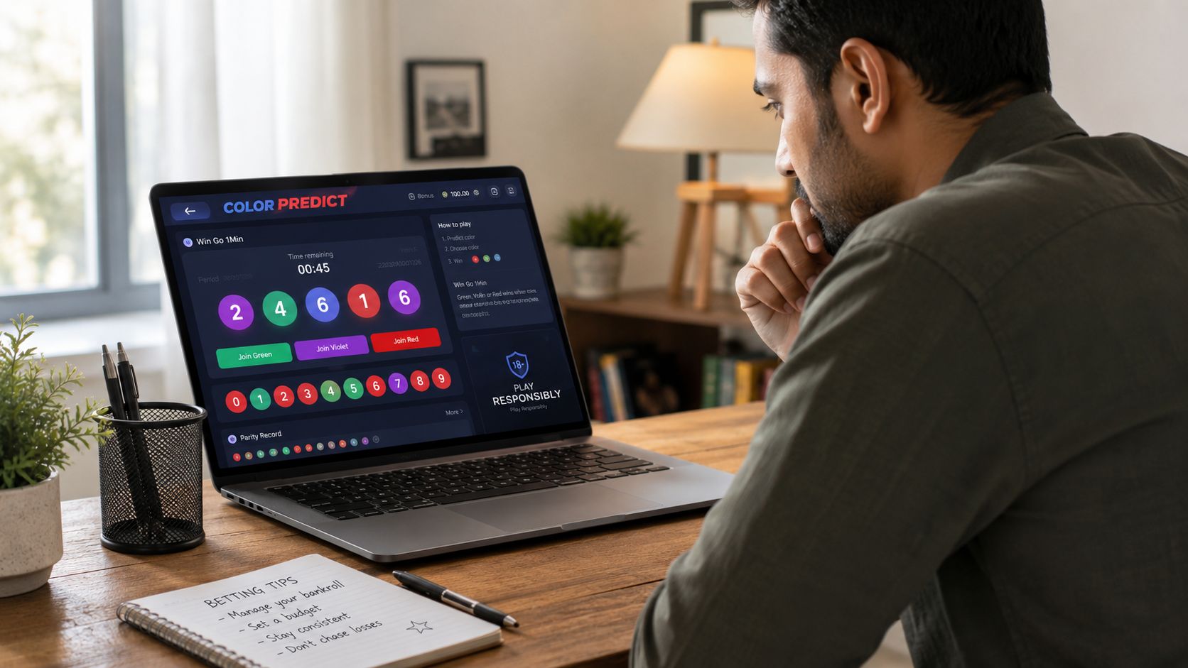 A man sits at a desk looking at a color prediction betting game on his laptop screen.