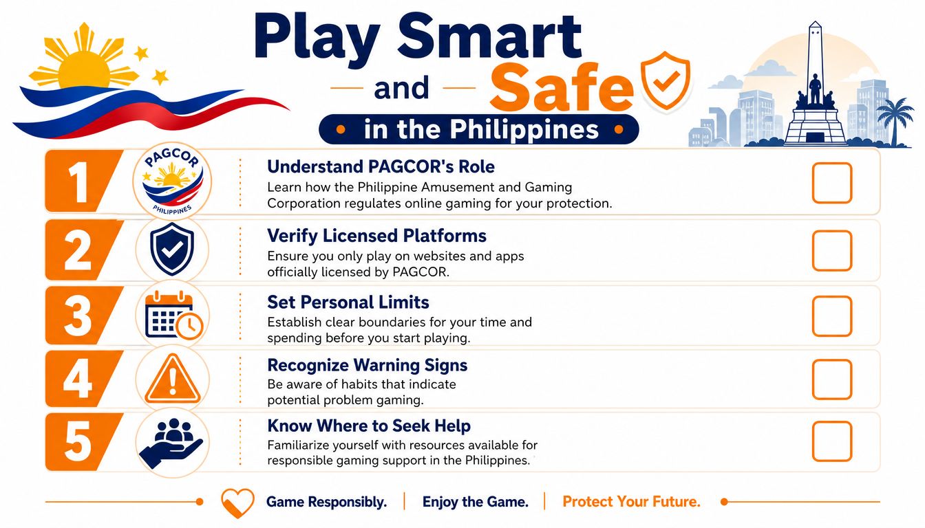 An infographic titled Play Smart and Safe in the Philippines outlining five essential tips for responsible online gaming.