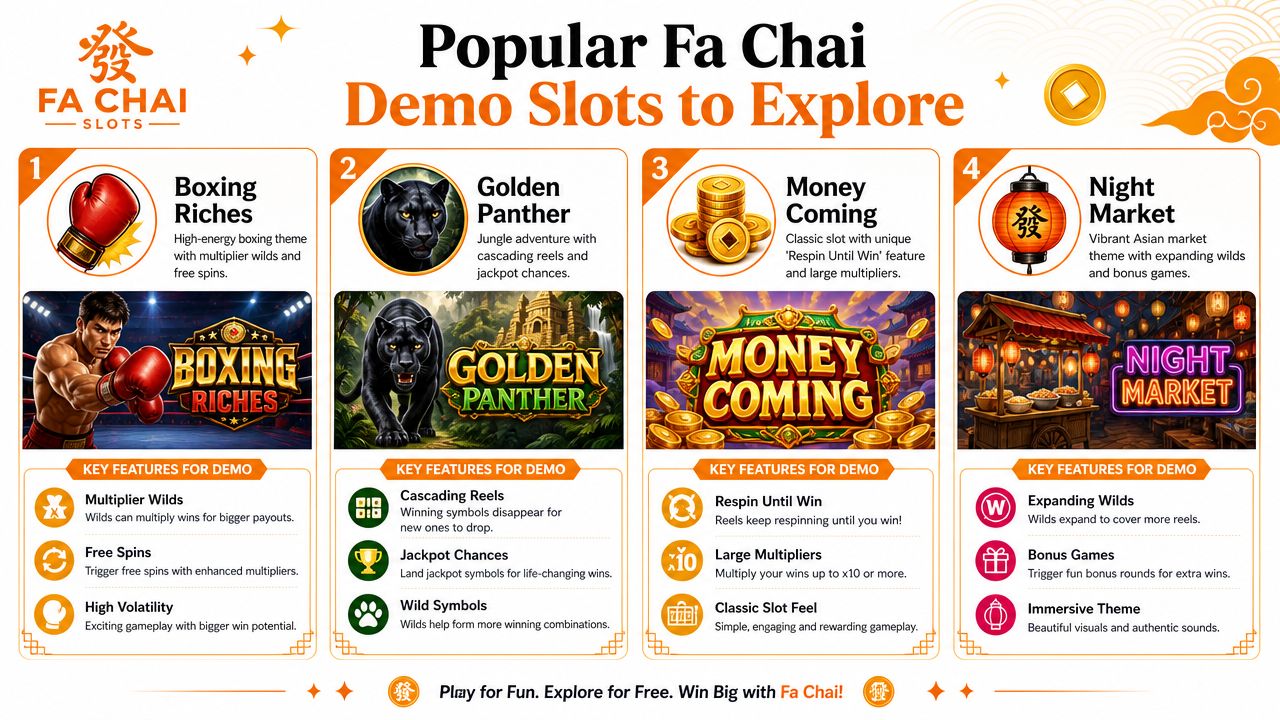 A promotional poster showcasing four popular Fa Chai demo slot games with their key features listed.