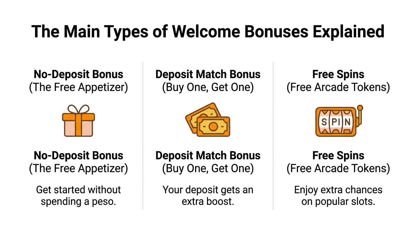 An infographic explaining three common casino welcome bonuses: no-deposit bonuses, deposit match bonuses, and free spins.
