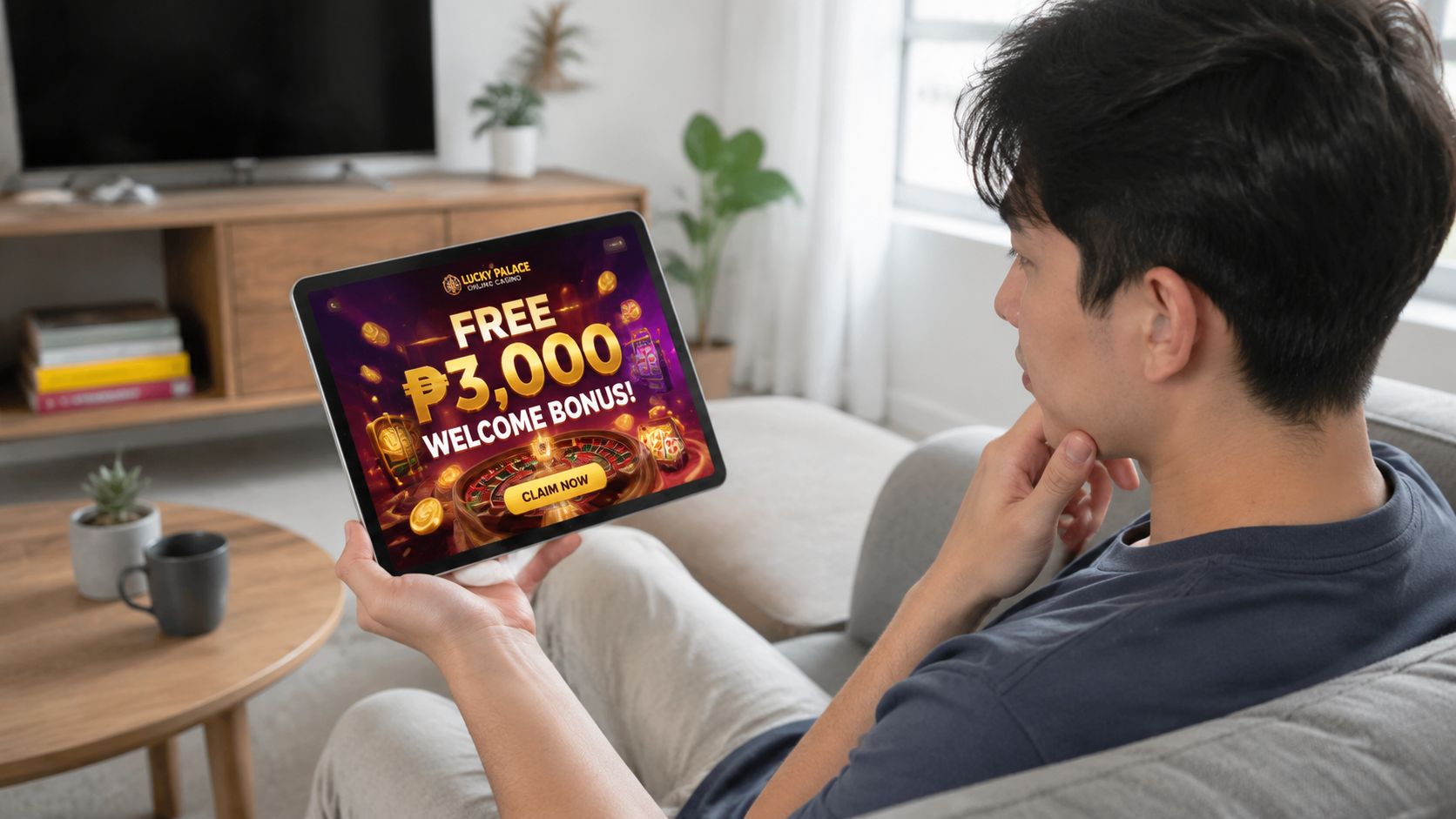 A young man sits on a couch while viewing an online casino welcome bonus offer on his tablet.
