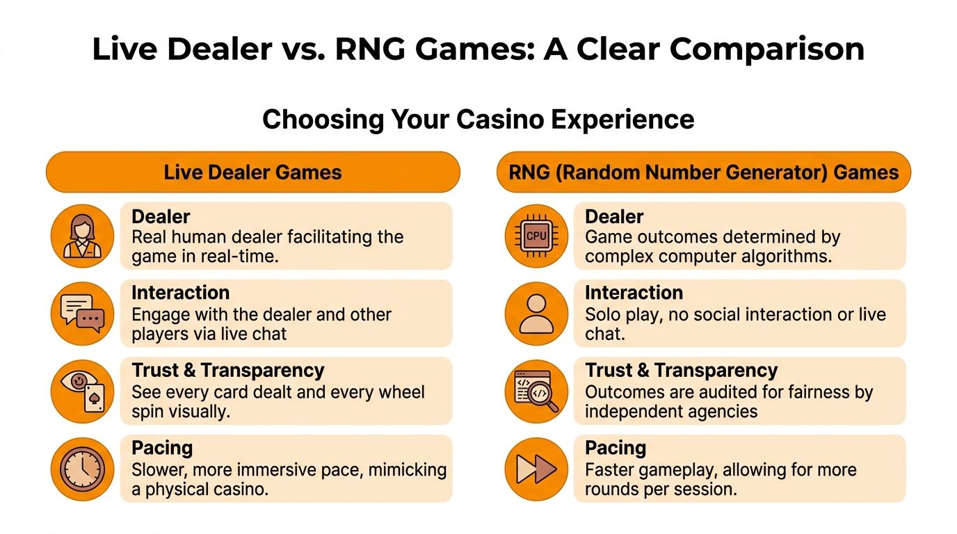 A comparison chart showing the key differences between live dealer casino games and random number generator games.