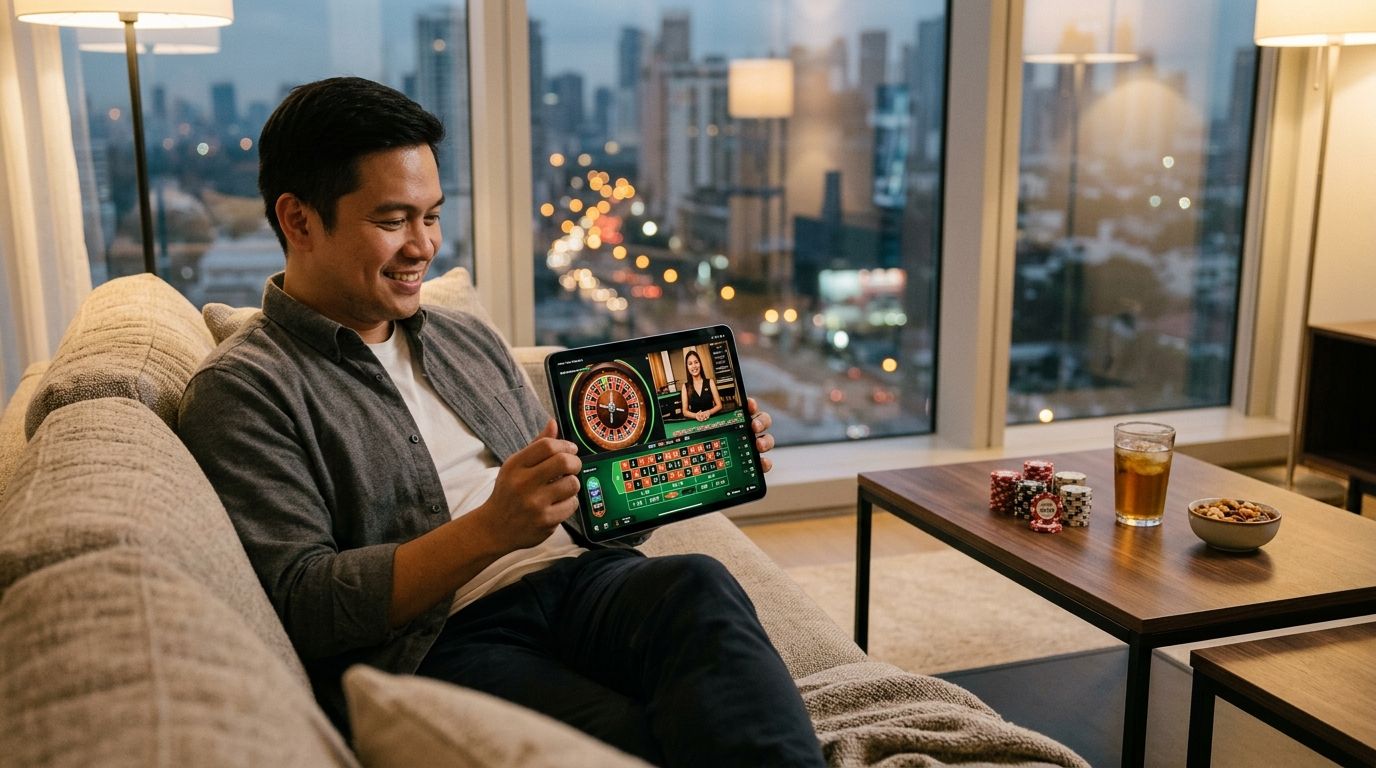 A smiling man sits on a comfortable sofa in a modern apartment while playing live dealer casino games on his tablet.