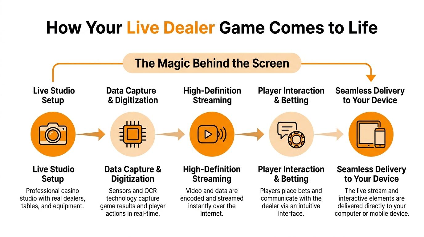 A process diagram explaining the technology behind live dealer casino games from studio to player device.