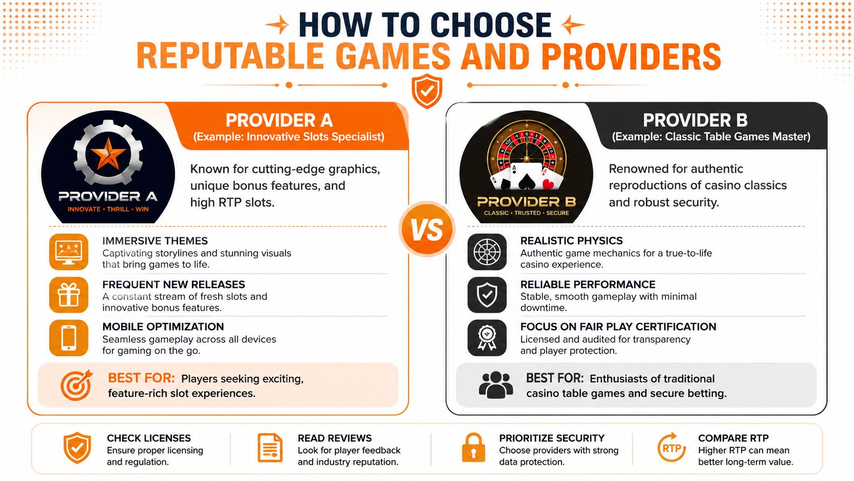 A guide illustrating how to choose between reputable online gaming providers, comparing slot specialists and table game masters.
