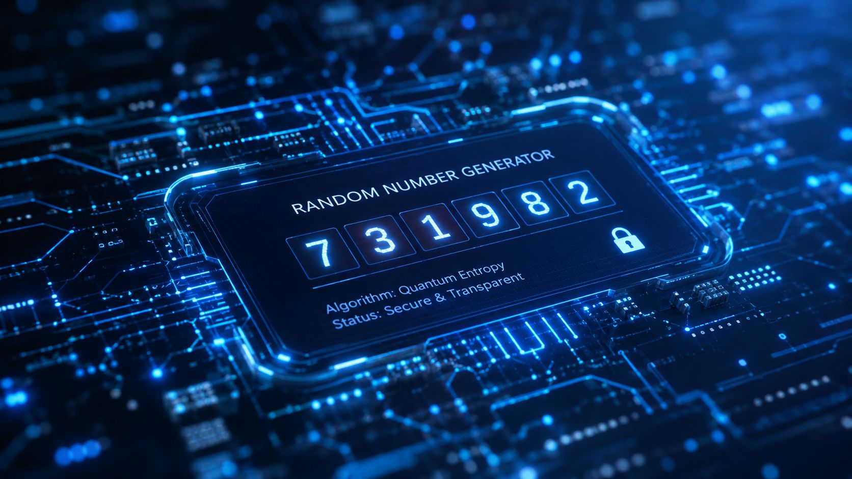 A digital display showing a random number generator with glowing digits on a futuristic blue circuit board.