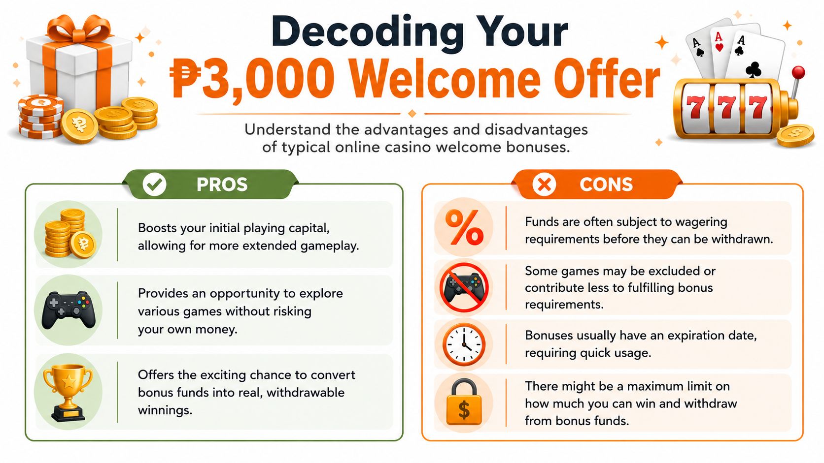 An infographic titled Decoding Your P3,000 Welcome Offer, comparing pros and cons of online casino bonuses.