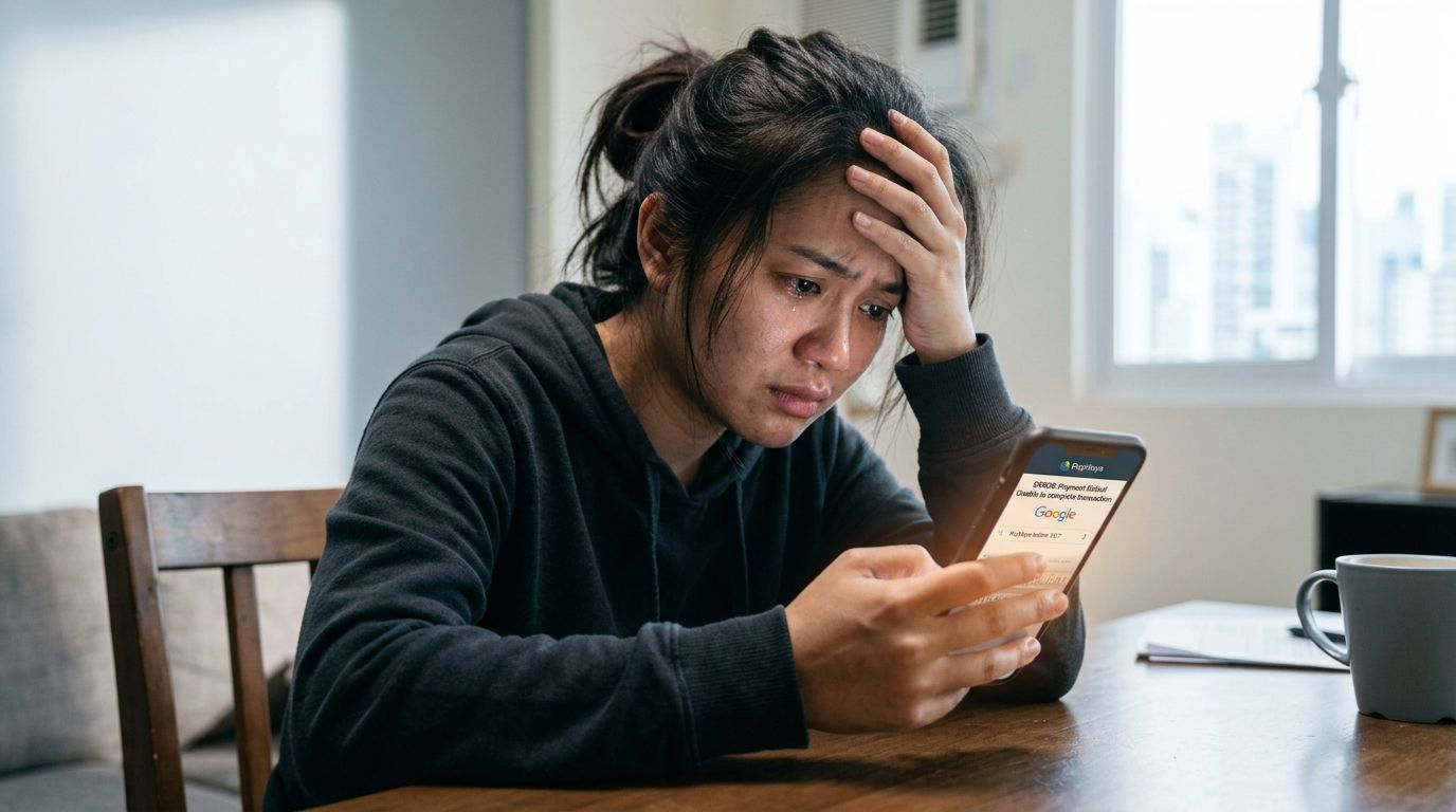 A distressed woman looking at her smartphone while appearing sad and frustrated in a home environment.