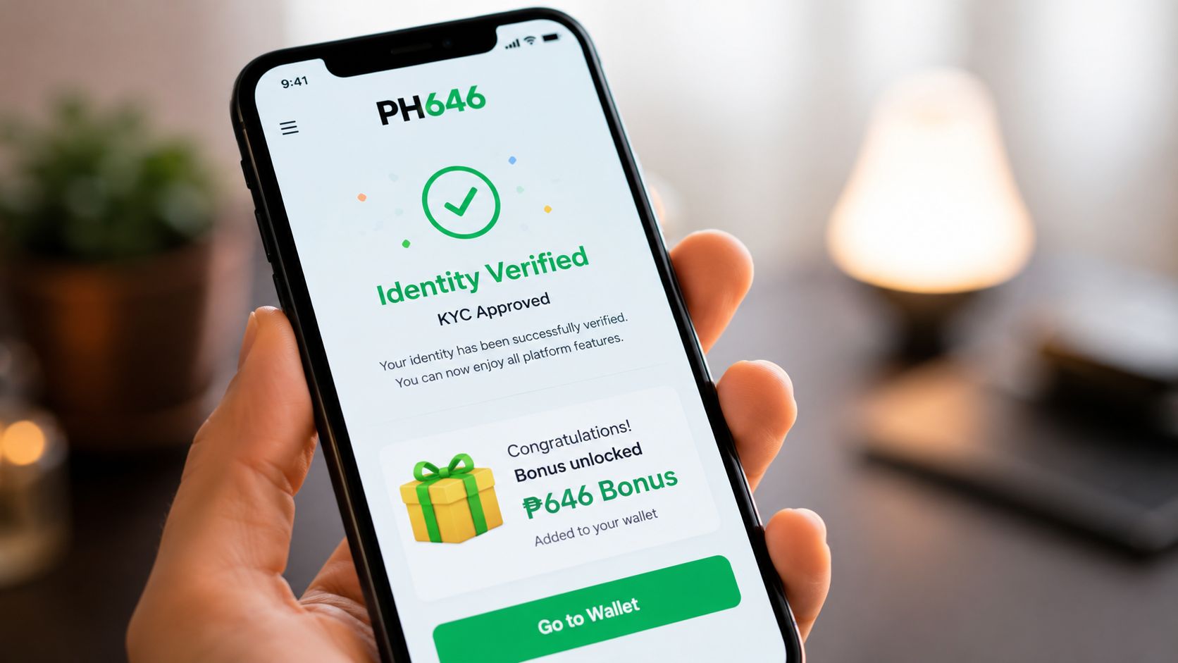 A smartphone screen showing a successful KYC identity verification and a PH646 bonus reward notification.