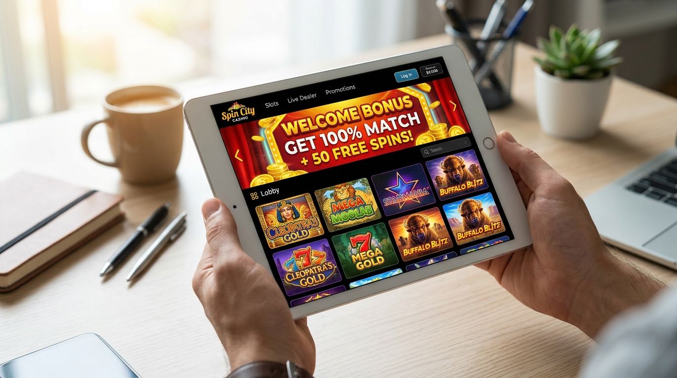 A person holding a tablet displaying a Spin City online casino platform with various slot game icons.