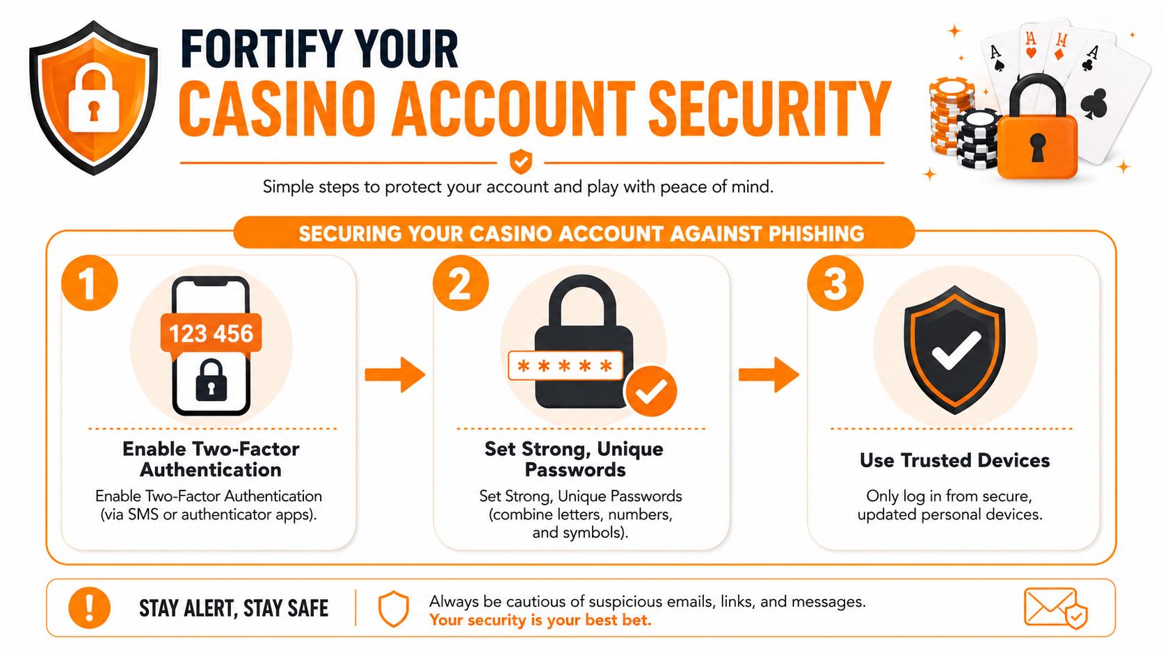 An infographic showing three simple steps to secure a casino account against phishing and online threats.