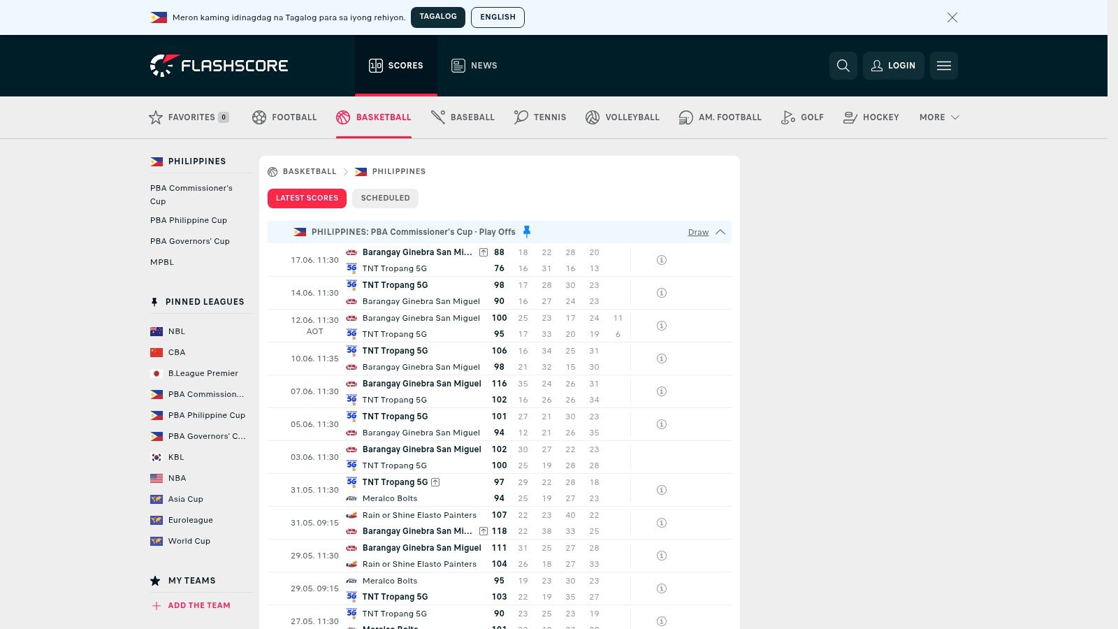 Flashscore Philippines Basketball PBA pages