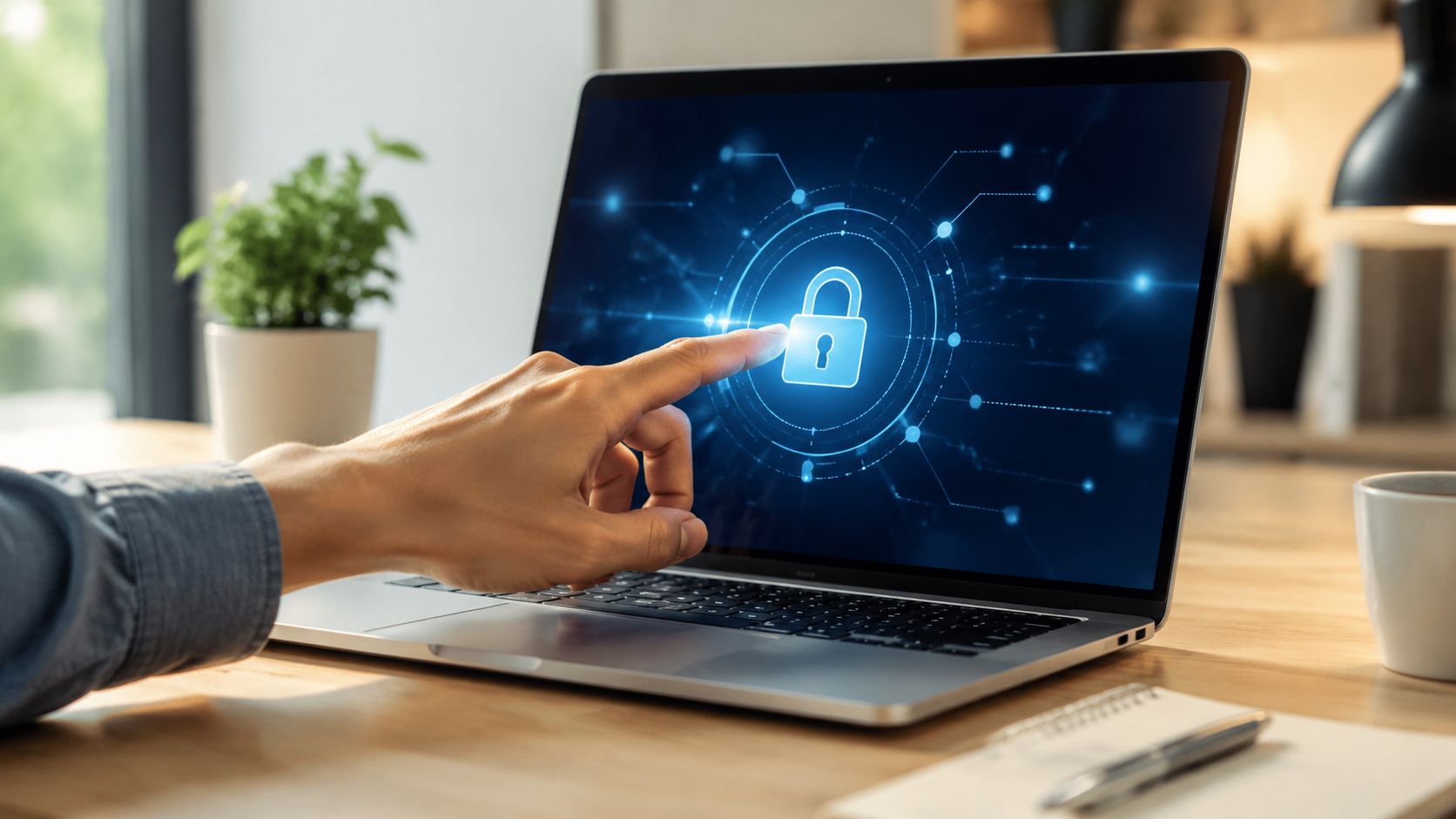 A person touching a glowing security lock icon on a laptop screen to represent digital protection.