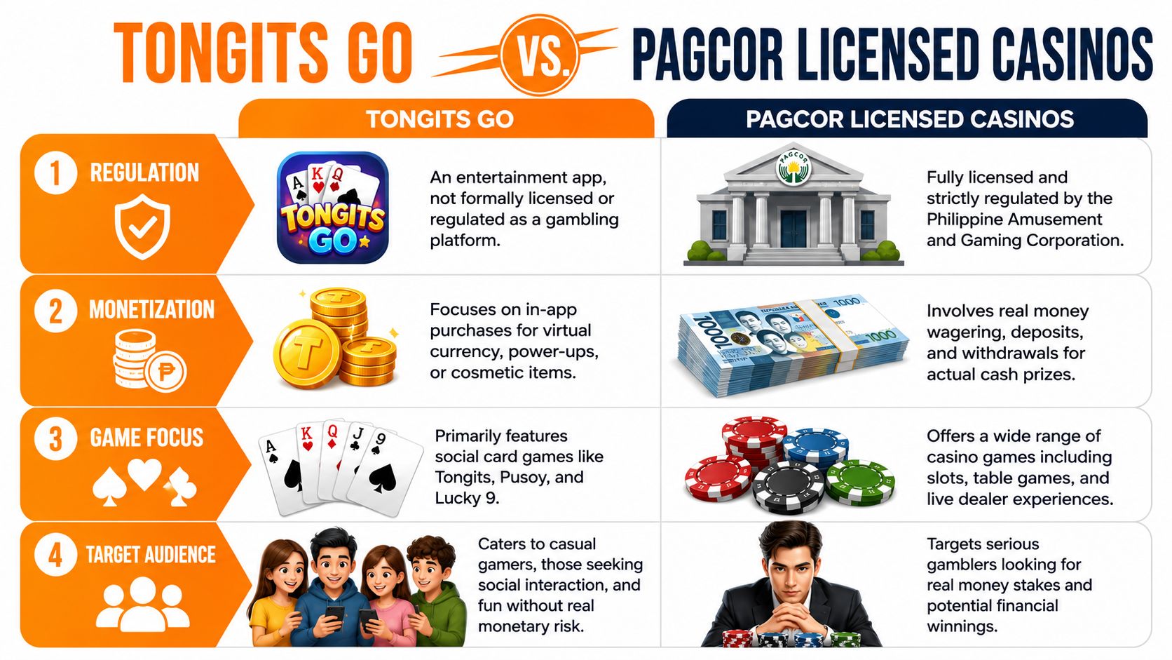 A comparison infographic between the casual mobile app Tongits Go and official PAGCOR licensed casinos.