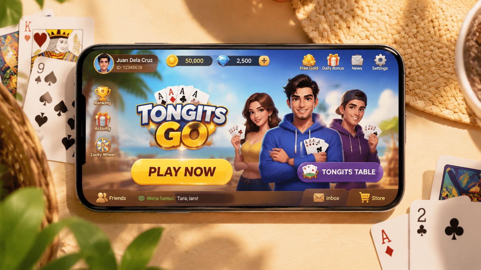 A smartphone screen displaying the main menu of the Tongits Go mobile card game application.