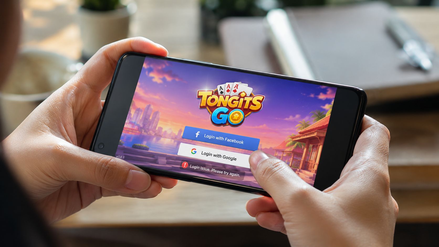 A person holding a smartphone showing the login screen for the mobile game app Tongits Go.