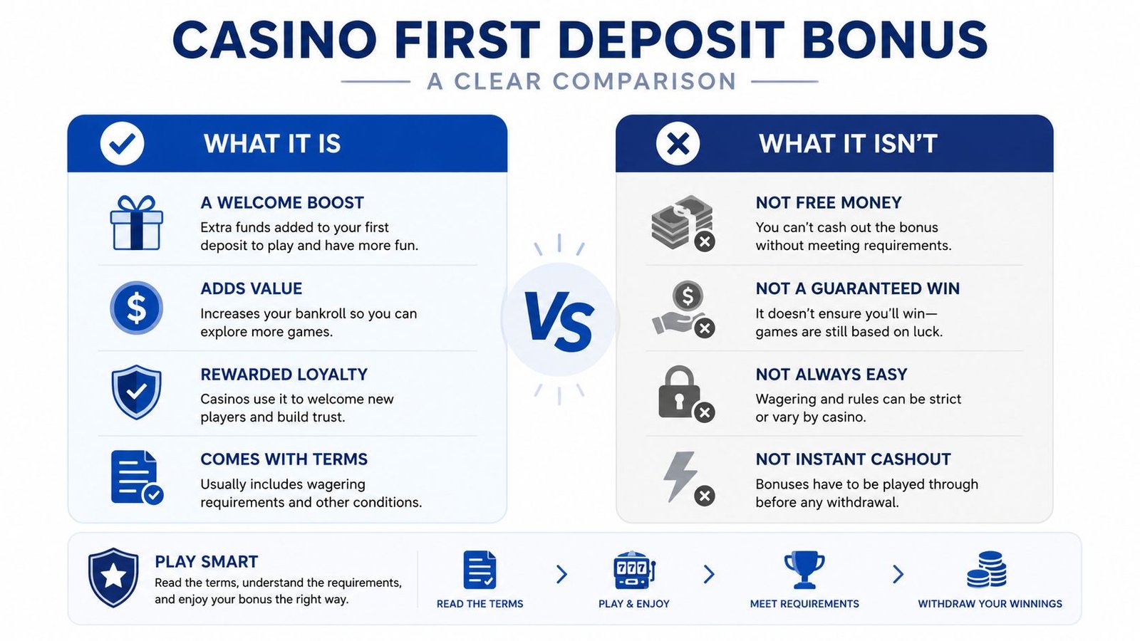 An infographic comparing what a casino first deposit bonus is versus what it is not.