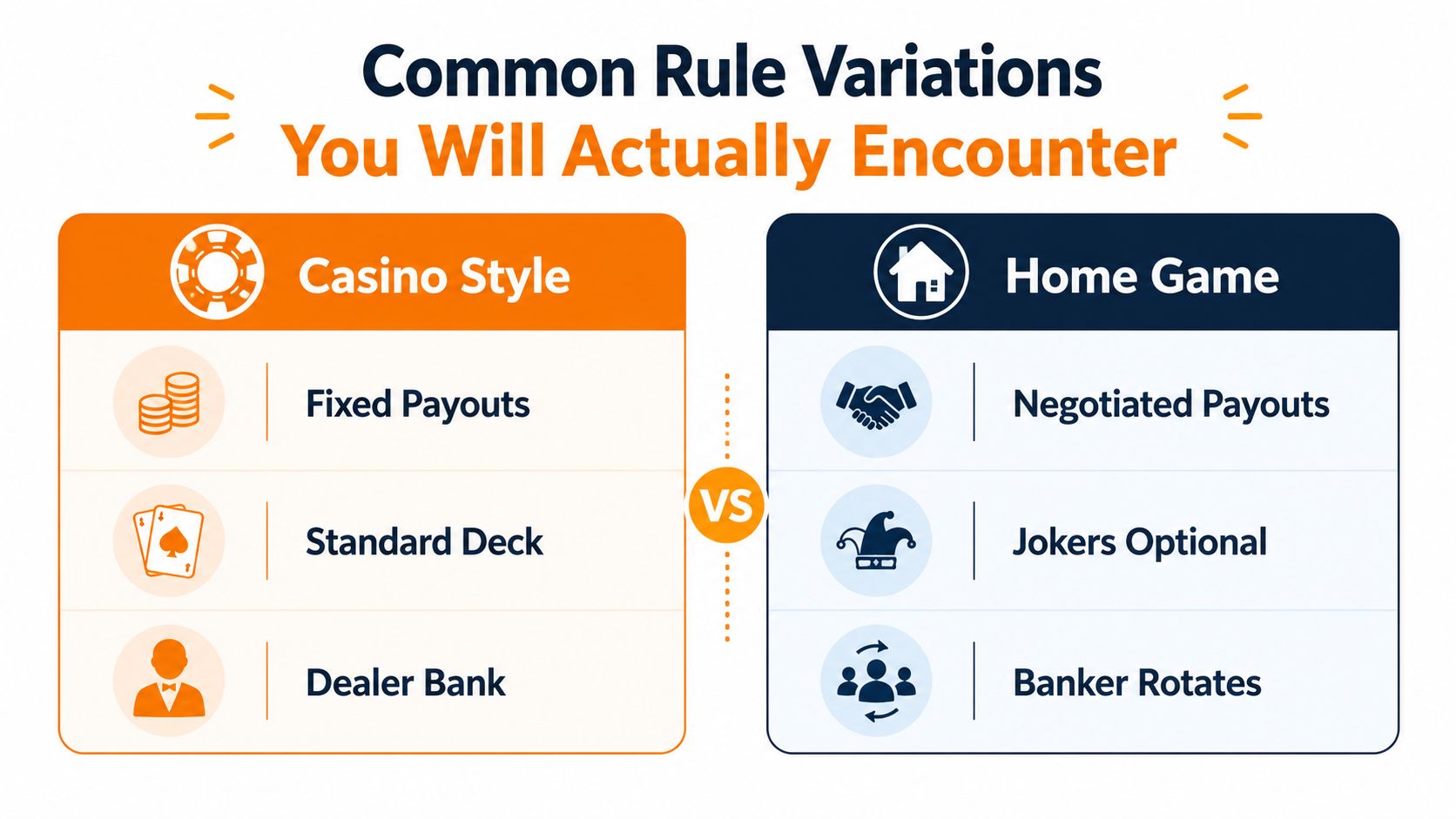A comparison chart showing rule variations between casino-style and home-game versions of a card game.