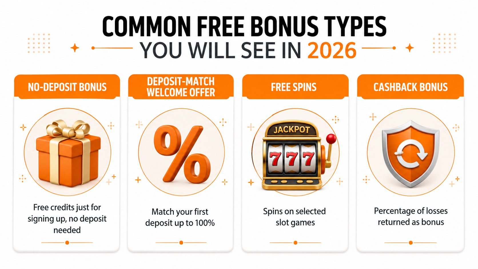 An infographic showing four common online casino bonus types available in 2026 including no-deposit and cashback options.