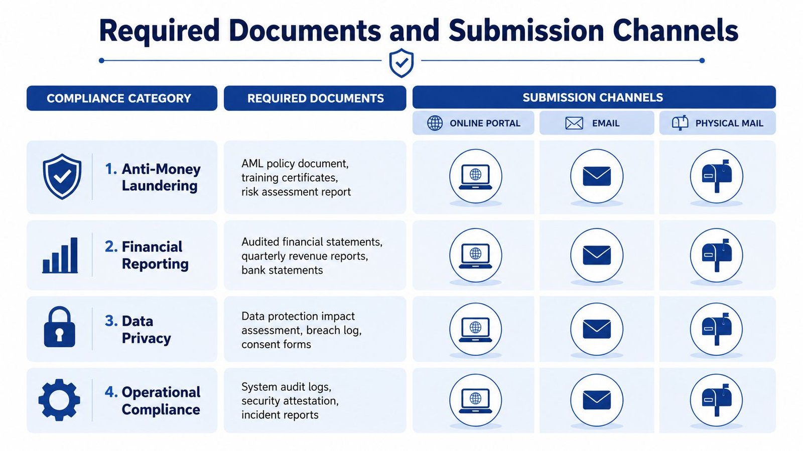 A chart showing required documents for compliance categories and the acceptable submission channels for each.