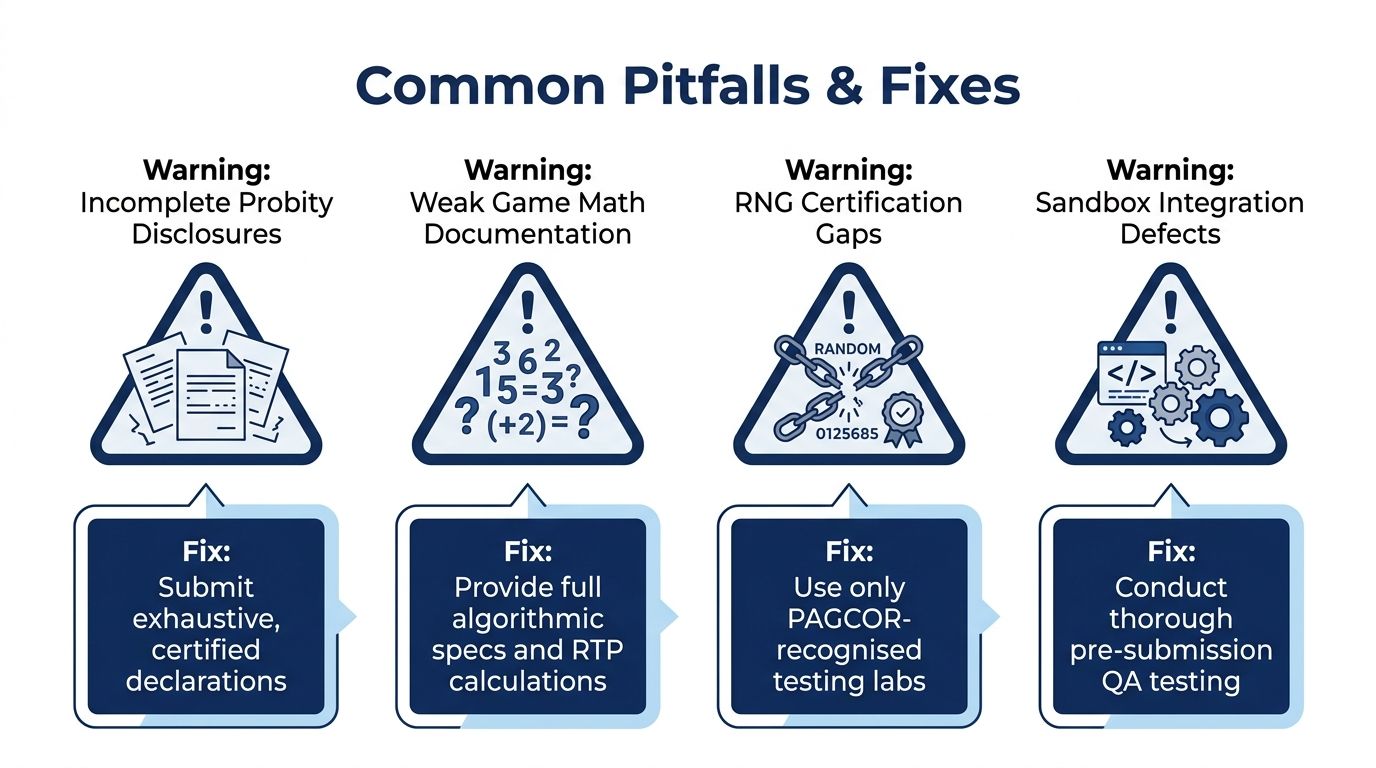 A graphic showing four common pitfalls and their respective fixes for gaming content provider accreditation processes.