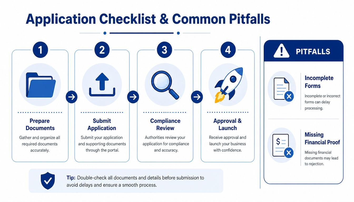 A four-step checklist for business application processes highlighting common pitfalls like incomplete forms and missing financial documentation.