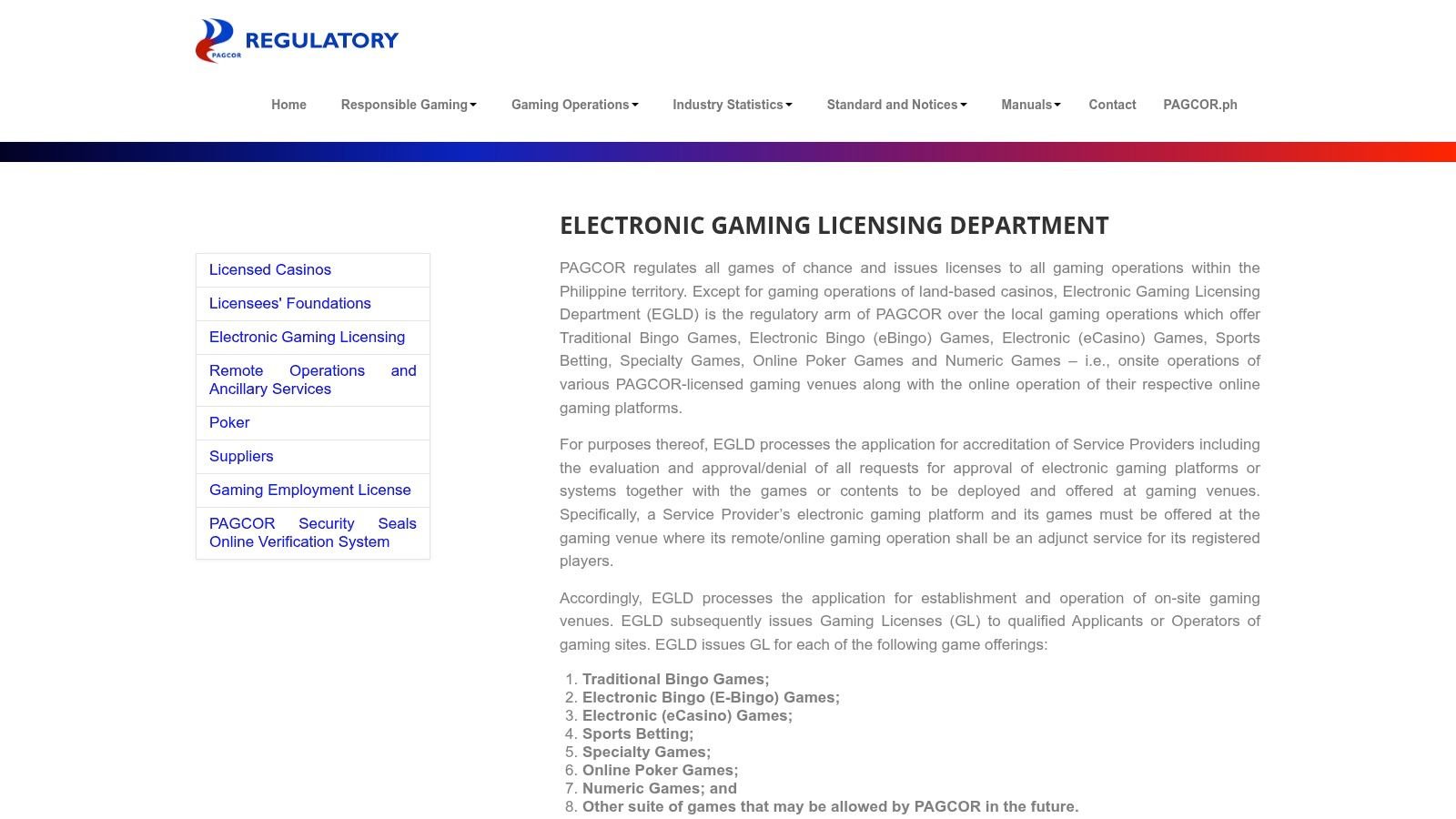 PAGCOR Regulatory Portal – Electronic Games Licensing (EGLD)