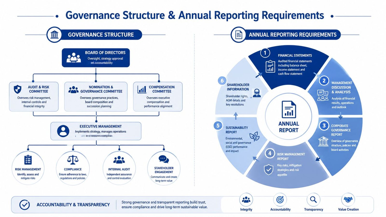 A diagram illustrating corporate governance structure and annual reporting requirements for organizational accountability and transparency.