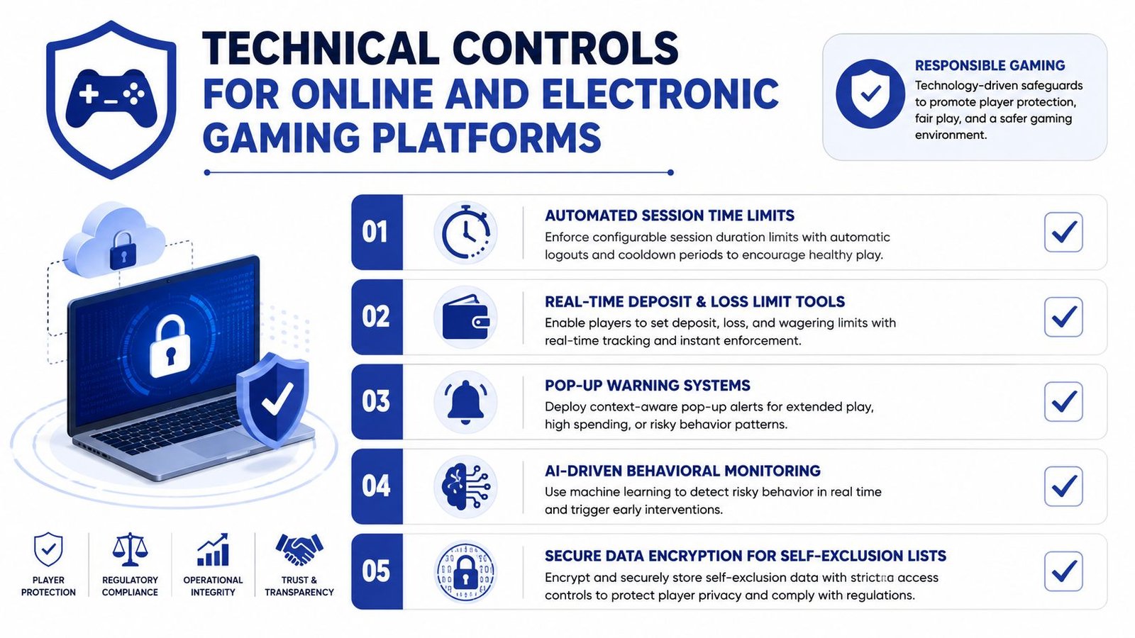 An infographic detailing five technical controls for ensuring responsible online gaming and player protection on digital platforms.