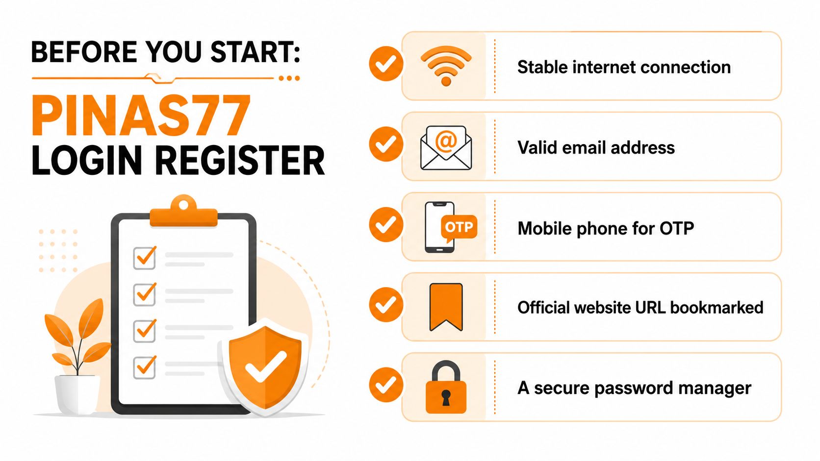 An infographic checklist for users preparing to register for Pinas77 online services and secure account login.