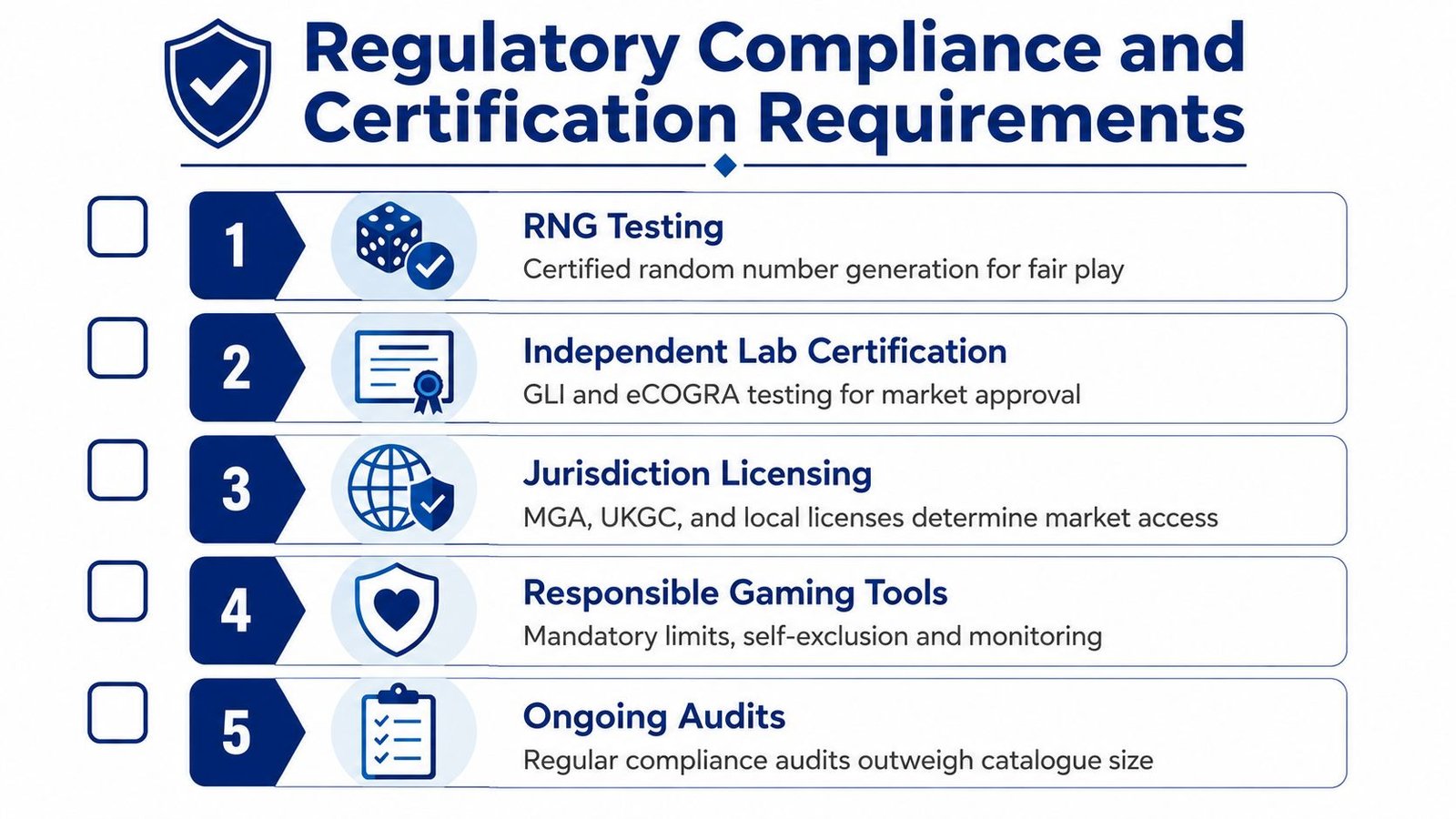A checklist infographic detailing five essential regulatory compliance and certification requirements for online casino game providers.