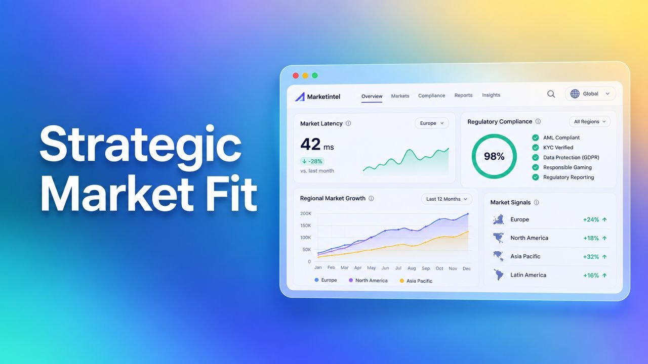 A sleek digital dashboard interface for market intelligence, displaying metrics like latency, regulatory compliance, and regional growth.