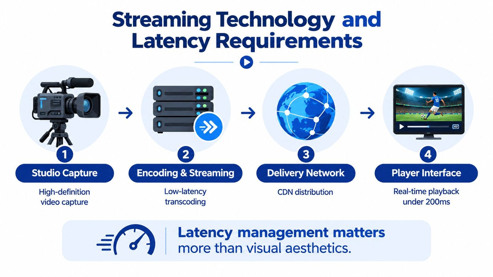 A diagram illustrating the four-step streaming technology process from studio capture to player interface with latency requirements.