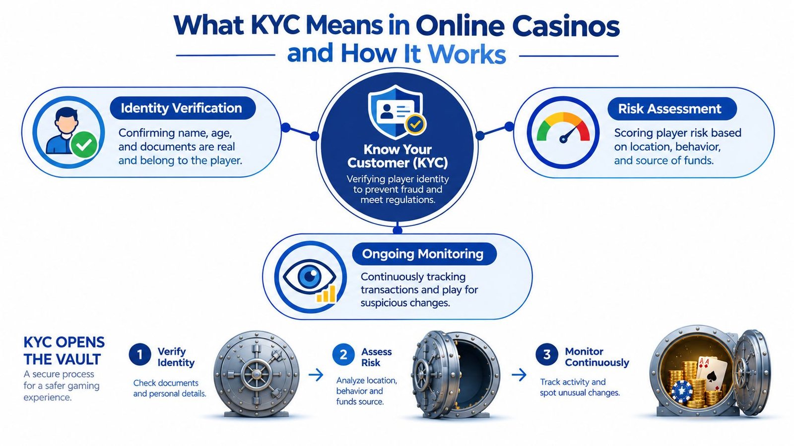 An infographic explaining the Know Your Customer (KYC) process in online casinos, including identity verification, risk assessment, and monitoring.