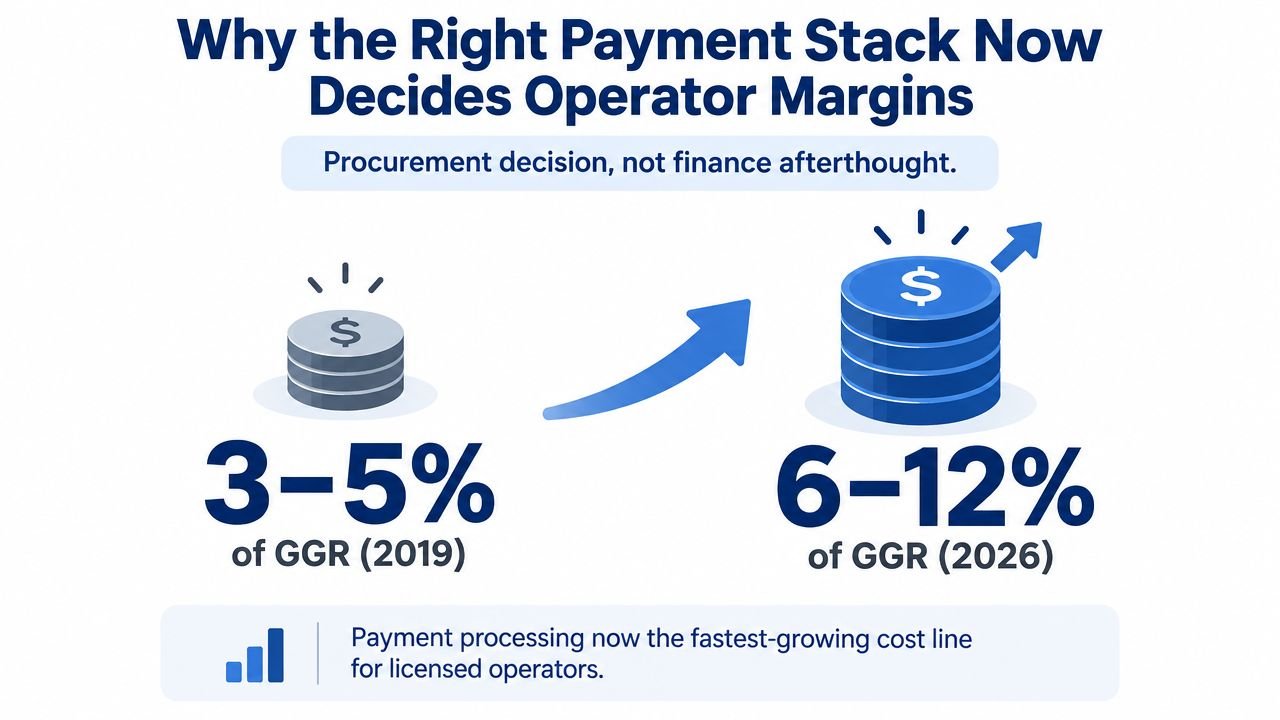A graphic showing payment processing costs rising from 3-5% of GGR in 2019 to 6-12% in 2026.