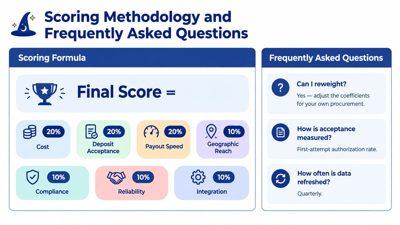 A scoring methodology infographic displaying the criteria and weights used to evaluate online casino payment providers.