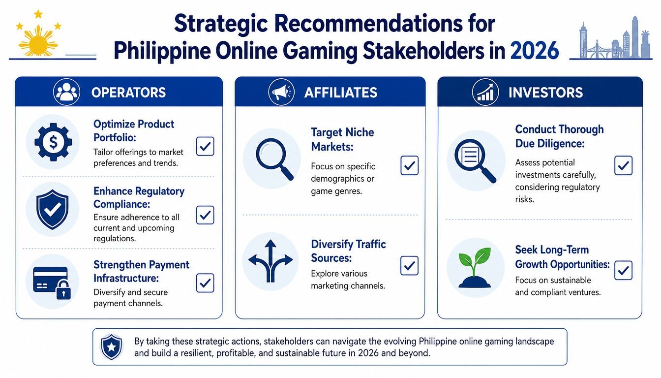 An infographic titled Strategic Recommendations for Philippine Online Gaming Stakeholders in 2026, outlining business goals for operators, affiliates, and investors.