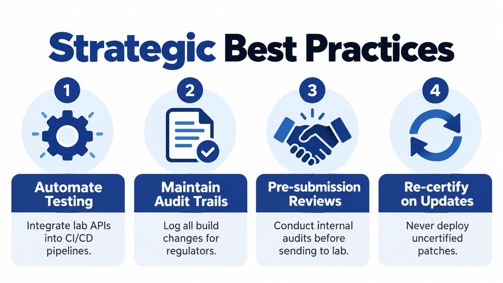 An infographic titled Strategic Best Practices showing four steps for compliance in software development and testing.