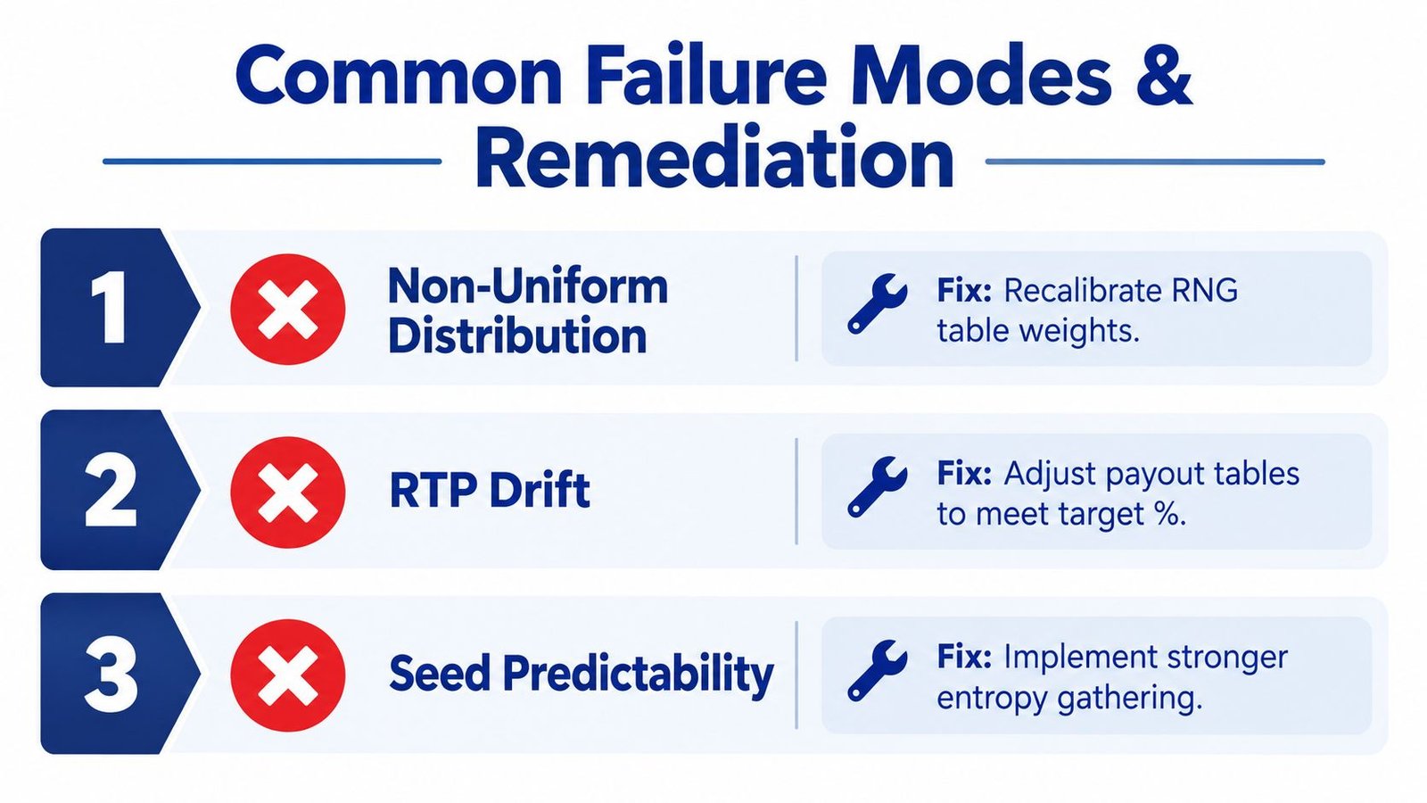 A table outlining three common failure modes in gaming systems including non-uniform distribution, RTP drift, and seed predictability.